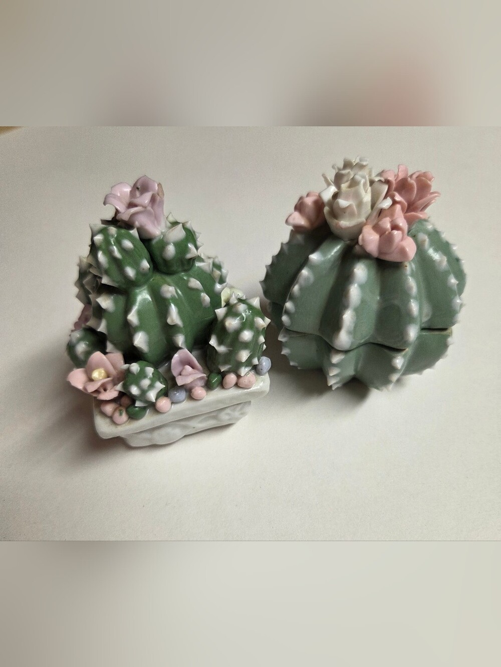 Ceramic Cactus Figurine Pair in Green with Pink Flowers